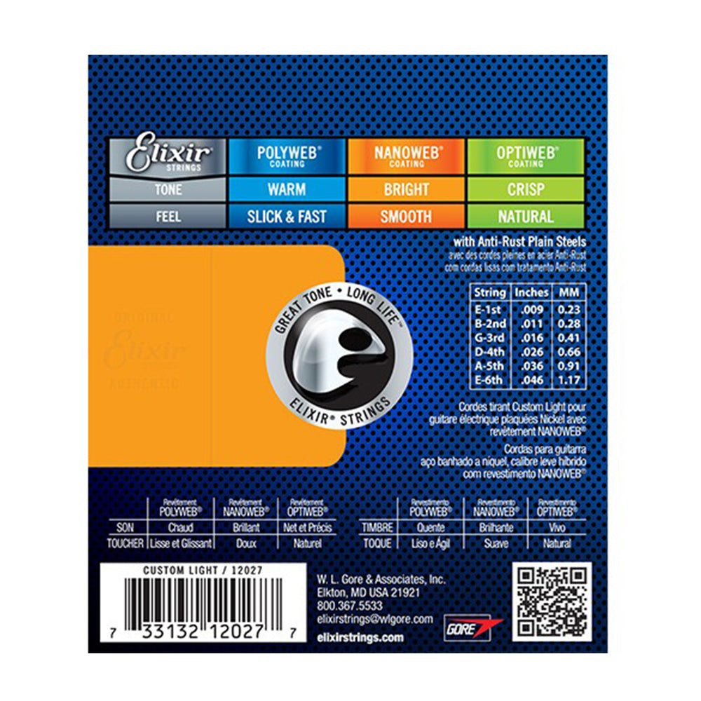 ELIXIR 12027 09/46 CUSTOM LIGHT NANOWEB COATING NICKEL PLATED STEEL ELECTRIC GUITAR STRING