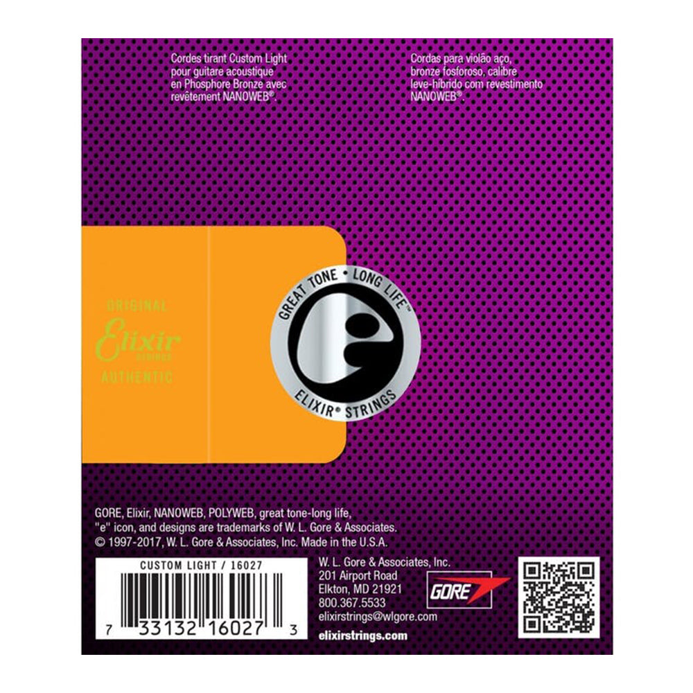 ELIXIR 16027 11/52 CUSTOM LIGHT NANOWEB COATING PHOSPHOR BRONZE ACOUSTIC GUITAR STRING