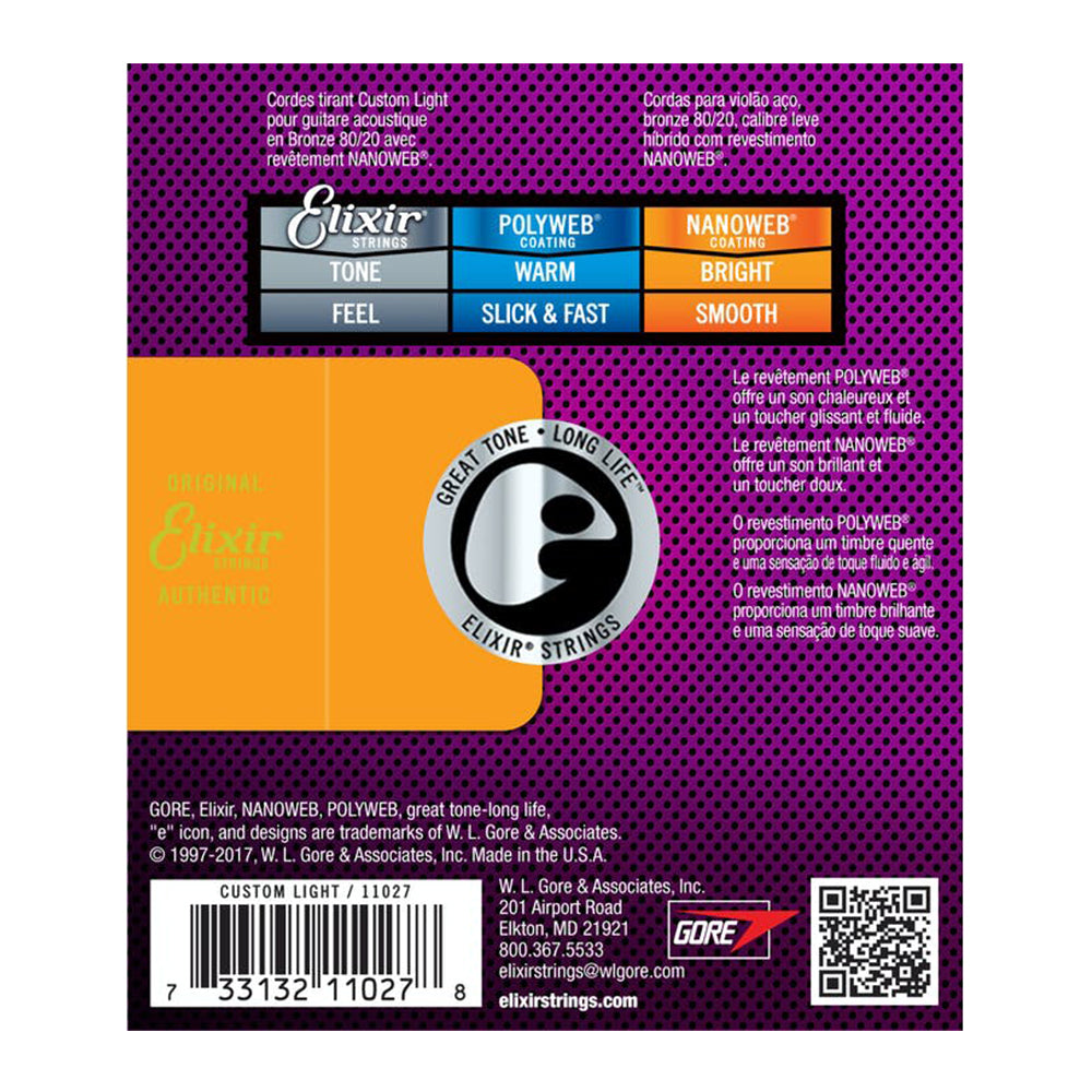ELIXIR 11027 11/52 CUSTOM LIGHT NANOWEB COATING 80/20 ACOUSTIC GUITAR STRING