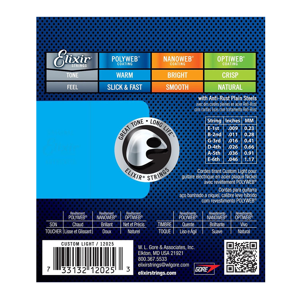ELIXIR 12025 09/46 CUSTOM LIGHT POLYWEB COATING NICKEL PLATED STEEL ELECTRIC GUITAR STRING