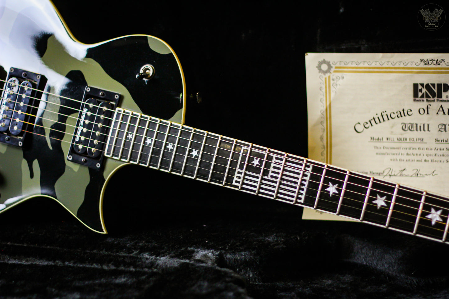 2009 ESP WILL ADLER ECLIPSE BLACK CAMO SIGNATURE GUITAR w ESP OHSC & COA MADE IN JAPAN (USED)