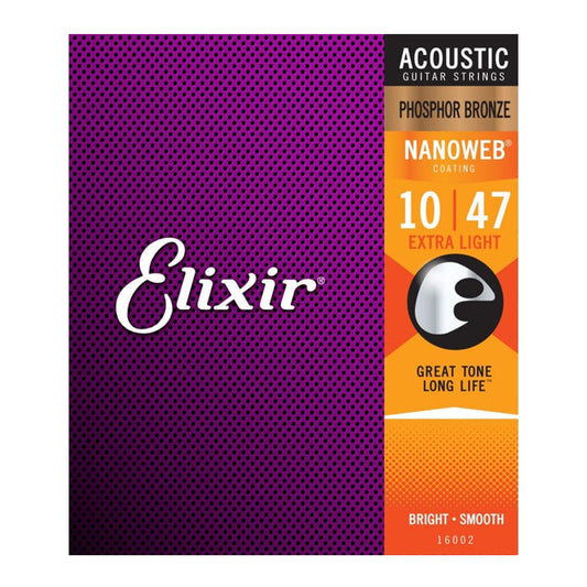 ELIXIR 16002 10/47 EXTRA LIGHT NANOWEB COATING PHOSPHOR BRONZE ACOUSTIC GUITAR STRING