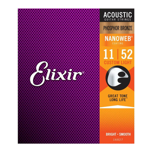 ELIXIR 16027 11/52 CUSTOM LIGHT NANOWEB COATING PHOSPHOR BRONZE ACOUSTIC GUITAR STRING