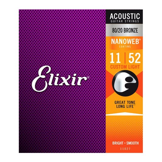 ELIXIR 11027 11/52 CUSTOM LIGHT NANOWEB COATING 80/20 ACOUSTIC GUITAR STRING